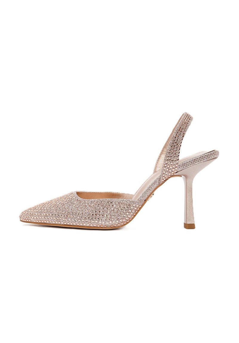 Roségoldene Slingback-Pumps mit spitzem Zehenbereich, bedeckt mit funkelnden Strasssteinen, und featuring einem glatten, strukturierten Absatz.