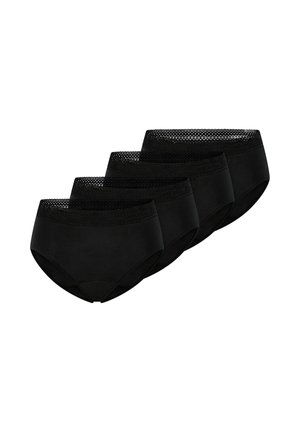 Cztery pary czarnych majtek damskich z koronkową lamówką w pasie, ułożone ukośnie na białym tle.