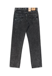 Jeans in denim nero con design a gamba dritta, leggera scoloritura, tasche posteriori con cucitura curva e etichetta del marchio color cuoio attaccata alla vita.