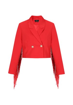 Roter, taillierter Blazer mit doppelreihigem Design, goldenen Knöpfen und langen Fransenverzierungen an den Ärmeln. Glatte Stoffoberfläche.