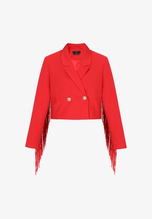 Rode korte blazer met een dubbele rij knopen, gouden knopen en lange franjes langs de mouwen. Gladde stoftextuur.