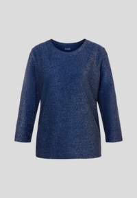 Marineblauses Langarmshirt mit Rundhalsausschnitt, das einen metallischen Glanz und einen weichen, strukturierten Stoff aufweist. Markenetikett sichtbar im Ausschnitt.