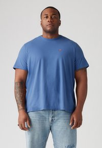 Kék pamut crew-neck póló rövid ujjakkal, melyen egy kis piros Levi's logó látható a mellkason. Mért elhasználódott, világoskék szakadt farmernadrággal.