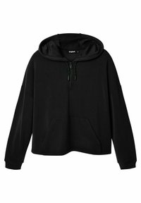 Sudadera negra hecha de tejido suave, con un bolsillo delantero, mangas largas y un cuello de media cremallera con cordón.