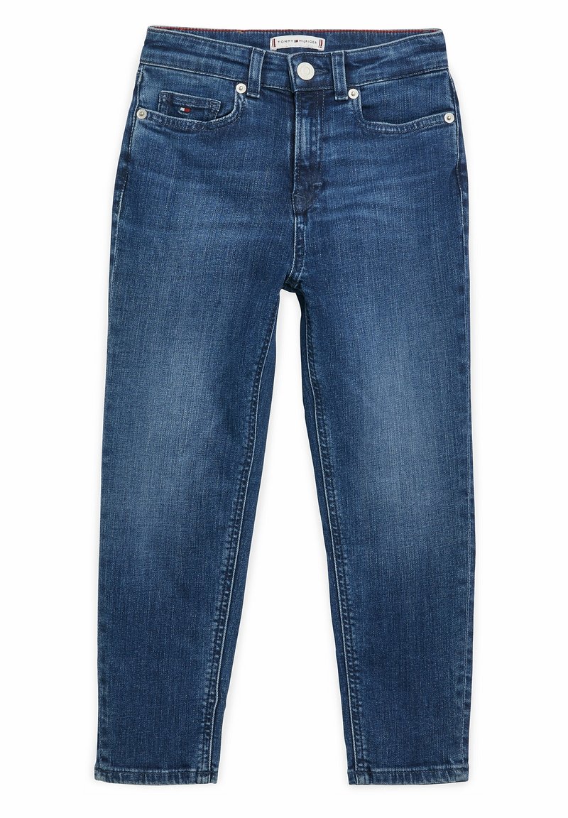 Jeans i mörkblå denim med en figursydd design, som har fem fickor, en metallknappstängning och subtila blekningar på tyget.