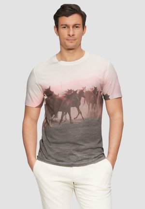 T-shirt met een paardenafbeelding, kleurverloop van lichtroze naar grijs, korte mouwen, ronde halslijn en een ontspannen pasvorm.