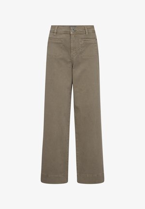 Wide-leg trousers in olive green cotton, featuring a high waist, belt loops, two front pockets, and two back pockets with a clean finish.