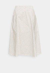 Valkoinen hame, jossa on kukkakuosi, jossa on pieniä vaaleanpunaisia kukkia ja vihreitä lehtiä. Joustava vyötärö, A-linjainen malli ja kevyt kangas.