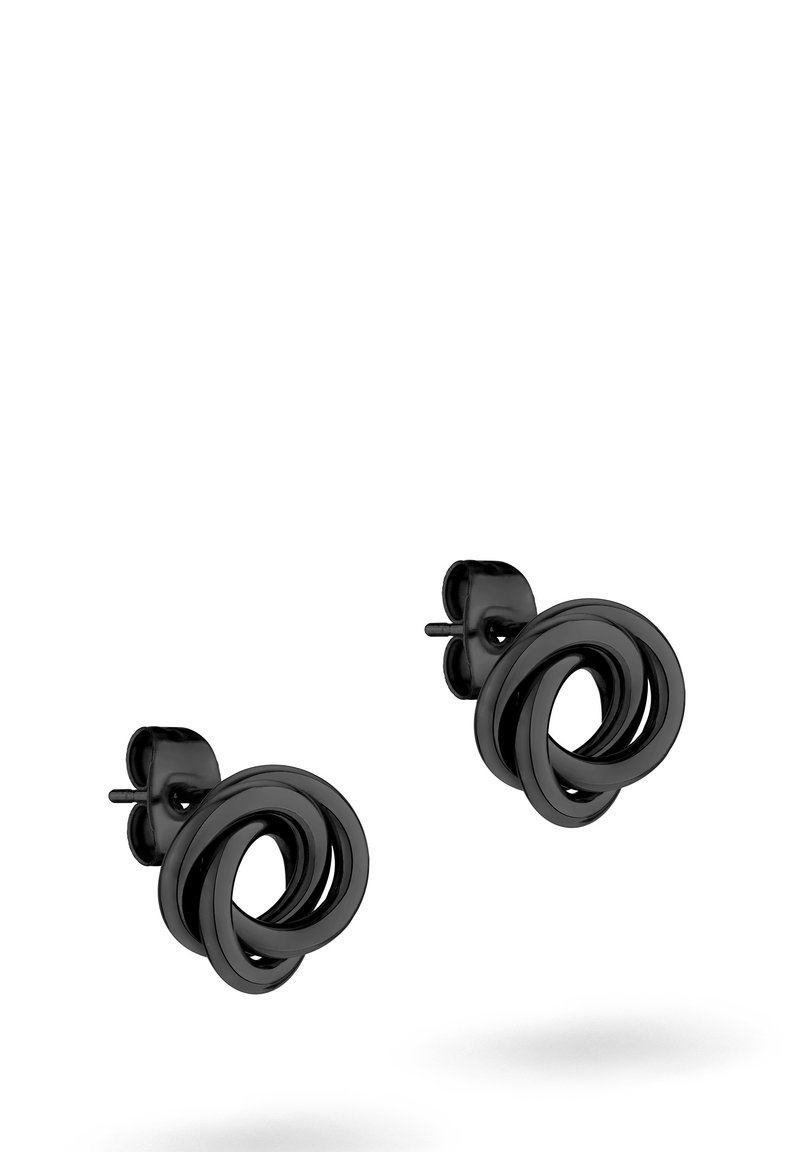 Czarne okrągłe metalowe kolczyki w kształcie wkrętów z przeplatającymi się pętlami, gładką powierzchnią i wypolerowanym wykończeniem, tworzące warstwowy design.
