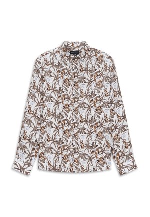 Camicia bianca a maniche lunghe con bottoni, motivo floreale marrone e grigio e colletto appuntito, distesa su uno sfondo bianco.