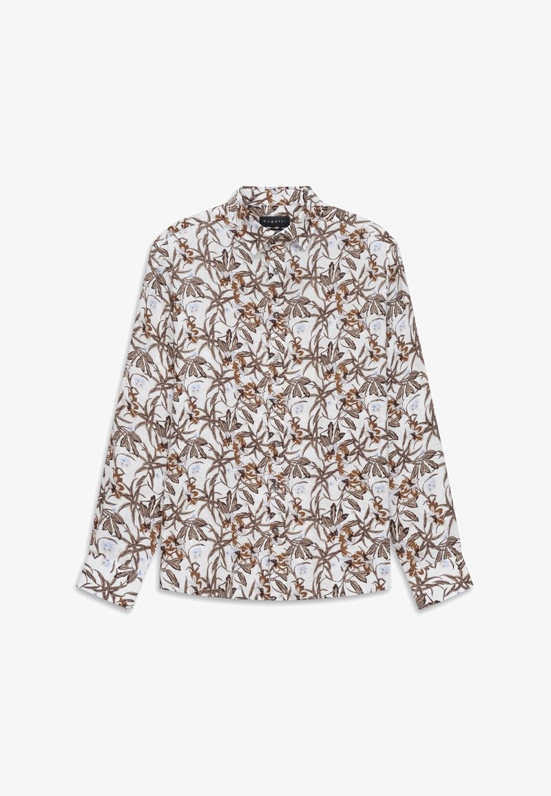 Chemise blanche à manches longues avec boutons, motif floral marron et gris, col pointu, posée à plat sur un fond blanc.