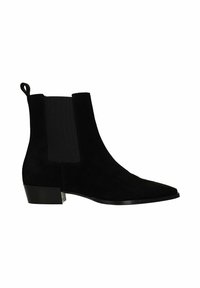 Zwarte suède Chelsea-boots met elastische zijpanelen, spitse neus, een trekband aan de achterkant en een lage blokhak. Soepele textuur, slank ontwerp.