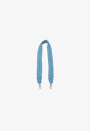 Vlechtband van blauw nylon met gouden beslag aan elk uiteinde. Flexibel en textuurontwerp, geschikt voor tassen of accessoires.