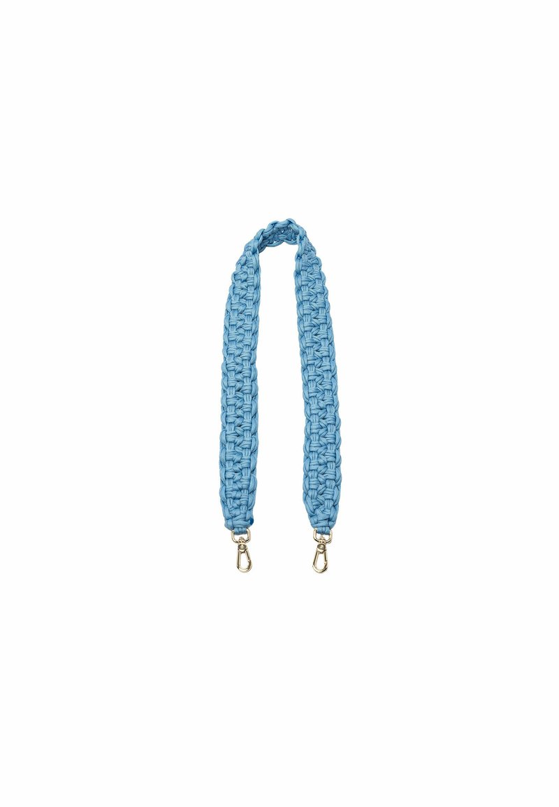Sangle en nylon bleu tressé avec des clips en métal doré à chaque extrémité. Design flexible et texturé, adapté aux sacs ou aux accessoires.