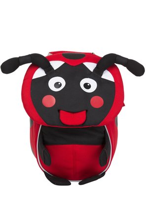 Kinder-Rucksack, gestaltet als lächelnder roter und schwarzer Marienkäfer mit Fühlern und großen Augen.
