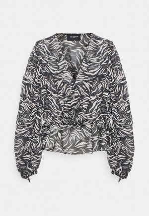 Zwart-witte zebraprint blouse met lange mouwen, v-hals, elastische tailleband en geplooide manchetten van The Kooples.