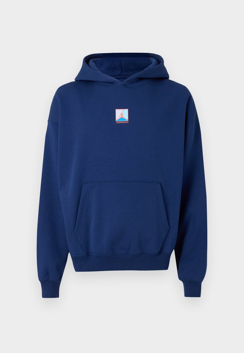 Námořnická modrá mikina s kapucí z bavlněného mixu, s přední kapsou typu kangaroo a minimalistickou grafiku loga v tyrkysové a červené na hrudi.