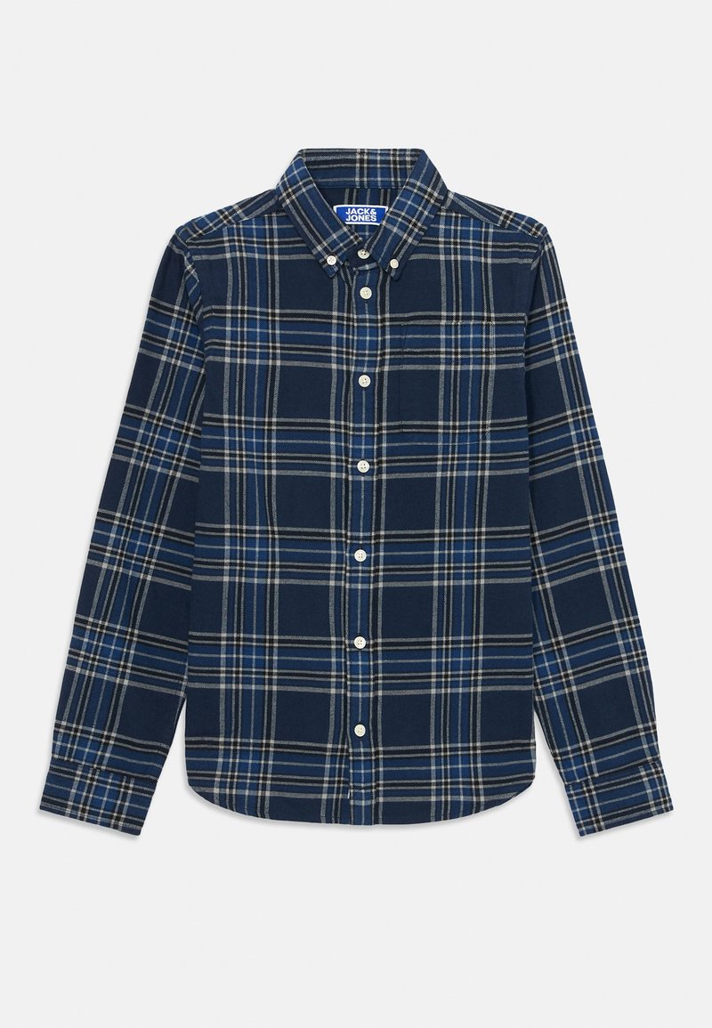 Jūrinis langelių marškiniai su mėlynomis ir pilkomis juostelėmis, ilgiems rankovėms, atviros apačios apykakle ir kišene kairėje krūtinės pusėje.