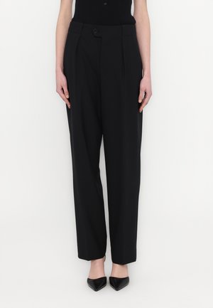 Black tailored trousers with a high waist, pleated front, and a single button closure. Smooth fabric with a loose fit and straight legs.