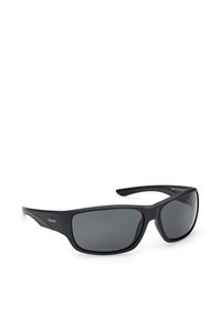 Lunettes de soleil rectangulaires noires avec des verres polarisés foncés et le logo Timberland sur la branche, présentées sur un fond blanc.