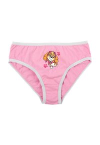 Mutande in cotone rosa con bordi grigi, caratterizzate da un'illustrazione di un cane a cartoni animati e accenti di impronte di zampe sul davanti. Tessuto morbido e elasticizzato.