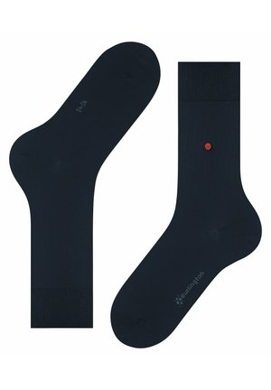 Navy blue socks made of smooth fabric, featuring ribbed cuffs, a small red accent dot, and logo detailing in a lighter shade.