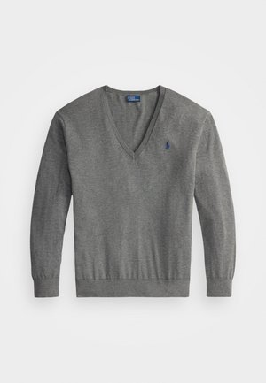 Gray v-neck sweater in a soft knit material, featuring long sleeves and a blue logo on the left chest. Simple, classic design.