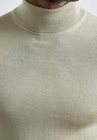 Světlounce zelený rolákový svetr vyrobený z hladké, pružné pleteniny. Má žebrovaný výstřih a trup pro přiléhavý vzhled.