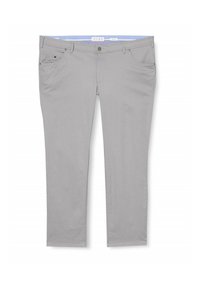 Graue Baumwollhose mit geradem Bein, Vorderseiten Taschen und einem dezent strukturierten Bund mit einem hellblauen Futter.