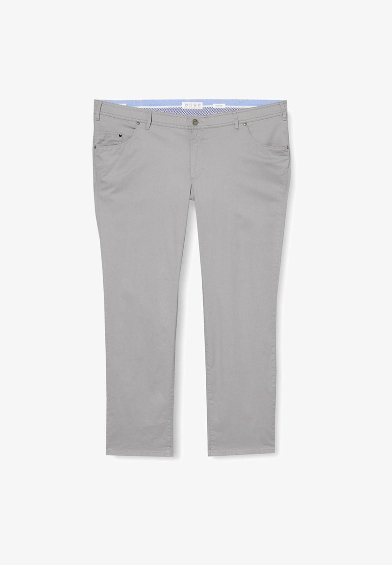 Pantalon en coton gris avec une coupe droite, des poches avant et une taille légèrement texturée avec une doublure bleu clair.