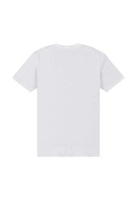 Hvid kortærmet t-shirt, rund halsudskæring, bomuldsstof, glat tekstur, enkel design, ingen synlige mønstre eller logoer på bagsiden.