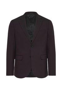 Blazer de un mov închis, cu un singur rând de nasturi, cu două nasturi, cu rever cu colțuri, două buzunare frontale și o captuseală din satin. Textură netedă.