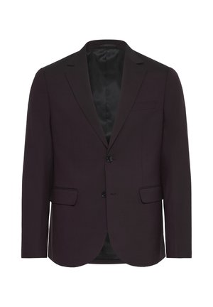 Tamno ljubičasti sako, jednozupčani s dva dugmeta, s reverima, dva prednja džepa i unutrašnjim satenskim oblogom. Glatka tekstura.