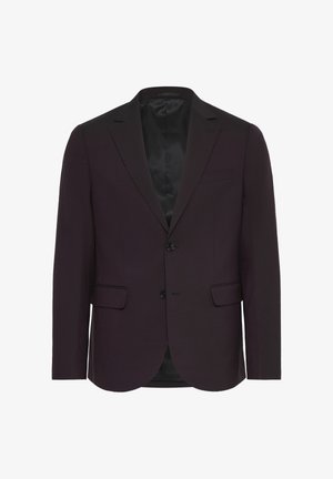 Tamno ljubičasti sako, jednozupčani s dva dugmeta, s reverima, dva prednja džepa i unutrašnjim satenskim oblogom. Glatka tekstura.