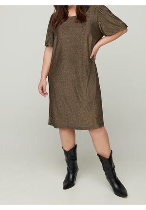 Woman wearing a knee-length metallic brown dress with short sleeves and black mid-calf heeled boots, standing with one hand on hip.