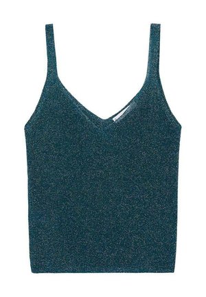 Top senza maniche in un teal scuro scintillante con sottili spalline e scollatura a V. Il materiale ha una finitura brillante e testurizzata, che aggiunge interesse visivo.