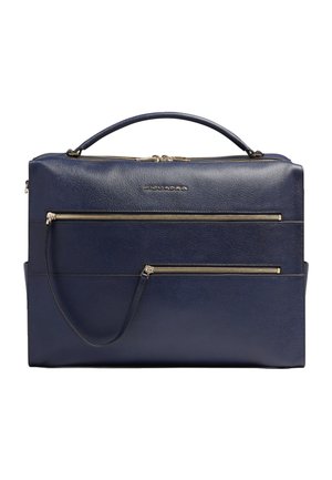 Donkerblauwe leren aktetas met bovenhandvat, twee horizontale ritssluitingen aan de voorkant en gouden ritssluitingdetails.