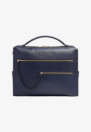Donkerblauwe leren aktetas met bovenhandvat, twee horizontale ritssluitingen aan de voorkant en gouden ritssluitingdetails.