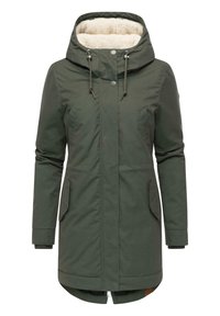 Olive green parka jacket with a fur-lined hood, front snap and zip closure, two front pockets, and ribbed cuffs for enhanced warmth.