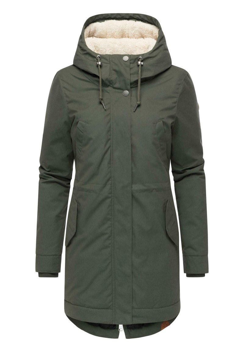 Olive green parka jacket with a fur-lined hood, front snap and zip closure, two front pockets, and ribbed cuffs for enhanced warmth.