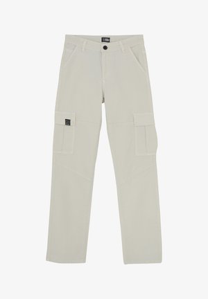 Beige cargo bukser med lige ben-design, flere sidelommer og knaplukning. Fremstillet af holdbart stof med synlige sømme.