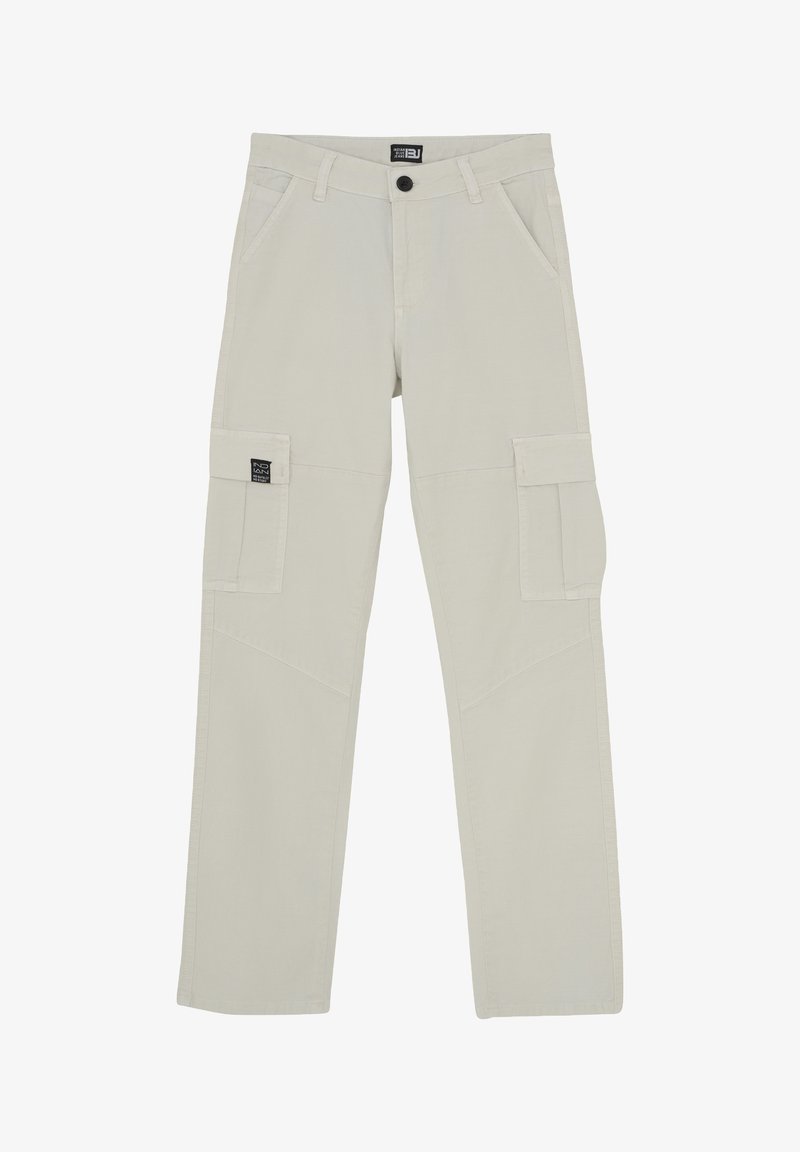 Beige cargobroek met een rechte pijpdesign, meerdere zijzakken en een knoopsluiting. Gemaakt van duurzame stof met zichtbare naden.