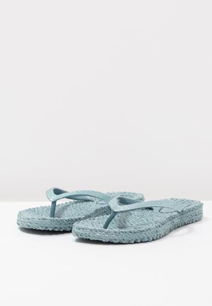 Lyseblå flip-flops med en tekstureret sål. Stropperne har en blank, glitrende finish. Designet er enkelt med en klassisk tæersandal stil.