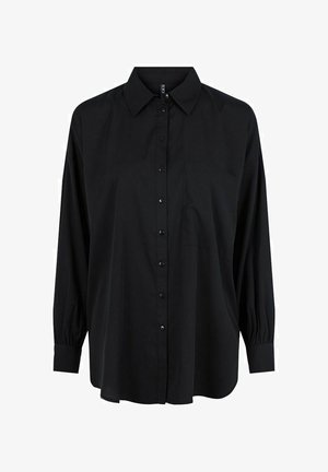 Black long-sleeve shirt made from smooth fabric. Features a classic collar, button-down front, and a chest pocket. Relaxed fit with gathered cuffs.