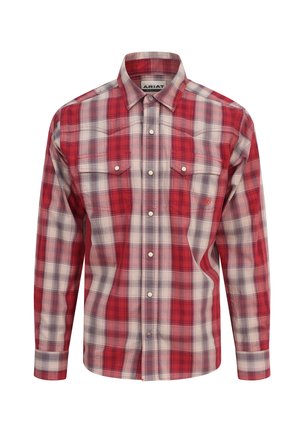 Red and white plaid long-sleeve shirt, cotton blend, two chest pockets with button closure, and a classic collar design.