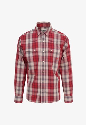 Red and white plaid long-sleeve shirt, cotton blend, two chest pockets with button closure, and a classic collar design.