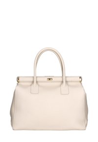 Borsa a mano in pelle beige con una forma strutturata, doppi manici arrotondati e hardware dorato sulla chiusura superiore. Superficie testurizzata con accenti minimi.