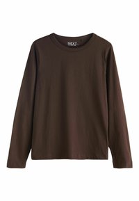 Tumedast pruunist puuvillast pikakätised crew neck-särk, millel on sile kude ja lihtne disain, ilma nähtavate mustrite või aktsentideta.