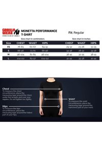 Zwarte sport T-shirt met korte mouwen in een reguliere pasvorm, vergezeld van een maattabel in centimeters en inches, met gegevens over borst-, taille- en heupmetingen.