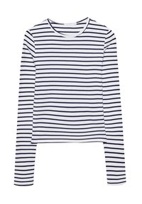 Duguljak dugih rukava u bijelim i mornarskim prugama, s okruglim izrezom i skraćenim rubom. Mekani materiał s glatkom teksturom.
